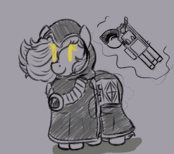 Size: 537x476 | Tagged: safe, artist:hipsanon, oc, oc only, oc:emerald jewel, earth pony, pony, colt quest, amulet, aura, big iron, book, cloak, clothes, colt, crossover, cultist, enter the gungeon, foal, glowing eyes, gray background, grayscale, gun, hair over one eye, handgun, hood, levitation, magic, male, marty robbins, monochrome, partial color, pistol, ponified, revolver, robe, simple background, smiling, solo, telekinesis, weapon