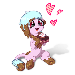 Size: 1500x1500 | Tagged: safe, artist:inowiseei, oc, oc only, oc:sprinkle dinkle, food pony, original species, cake, female, food, heart, mare, simple background, sitting, solo, white background