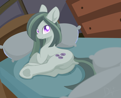 Size: 1802x1460 | Tagged: safe, artist:dusthiel, marble pie, earth pony, pony, g4, bed, butt, colored pupils, dock, featureless crotch, female, frog (hoof), looking at you, looking back, looking back at you, marblebutt, mare, pillow, plot, prone, smiling, smiling at you, solo, underhoof