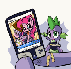 Size: 1024x998 | Tagged: safe, artist:lytlethelemur, pinkie pie, spike, twilight sparkle, dragon, earth pony, pony, g4, bandaid, blushing, cellphone, drunk, drunk twilight, food, horn, magic, phone, selfie, soup, tongue out