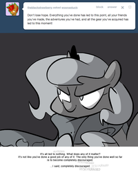 Size: 666x833 | Tagged: safe, artist:egophiliac, princess luna, moonstuck, g4, ask, cartographer's muffler, female, filly, grayscale, monochrome, pillow, pillow fort, solo, tumblr, woona, younger