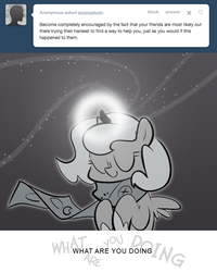 Size: 666x833 | Tagged: safe, artist:egophiliac, princess luna, moonstuck, g4, ask, cartographer's muffler, eyes closed, female, filly, grayscale, magic, monochrome, solo, tumblr, woona, younger