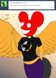 Size: 2800x3900 | Tagged: safe, artist:askquickbullet, oc, oc only, oc:quick bullet, pegasus, anthro, anthro oc, clothes, daft punk, deadmau5, dialogue, female, high res, mare, pants, peace sign, shirt, simple background, solo, spread wings, tumblr