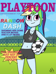 Size: 1200x1600 | Tagged: safe, artist:djgames, rainbow dash, equestria girls, g4, belly button, female, football, magazine, midriff, solo