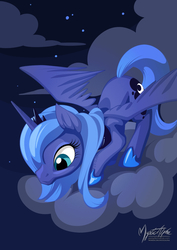 Size: 955x1351 | Tagged: safe, artist:mysticalpha, princess luna, alicorn, pony, g4, cloud, female, night, s1 luna, solo