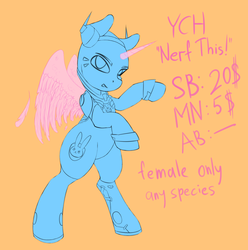 Size: 1277x1288 | Tagged: safe, artist:syntiset, edit, alicorn, earth pony, pegasus, pony, unicorn, advertisement, bipedal, commission, crossover, d.va, looking at you, overwatch, sketch, solo, whisker markings, your character here