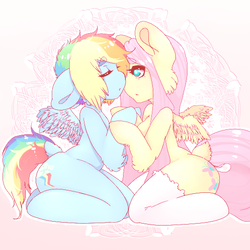 Size: 512x512 | Tagged: safe, artist:tolsticot, fluttershy, rainbow dash, pegasus, pony, semi-anthro, g4, :o, anatomically incorrect, clothes, colored sketch, couple, dock, duo, eyes closed, female, floppy ears, fluffy, holding hooves, imminent kissing, incorrect leg anatomy, kneeling, leg fluff, lesbian, mare, open mouth, ship:flutterdash, shipping, spread wings, stockings, thigh highs, wings