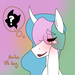 Size: 844x844 | Tagged: safe, artist:moonaknight13, princess celestia, spike, dragon, g4, blushing, eyes closed, female, male, question mark, ship:spikelestia, shipping, smiling, straight, text, thinking