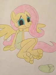 Size: 2448x3264 | Tagged: safe, artist:darienspeyer, fluttershy, pegasus, anthro, plantigrade anthro, g4, barefoot, feet, female, flip-flops, high res, smiling, soles, solo, traditional art