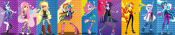 Size: 1024x204 | Tagged: safe, artist:awesome-derpy, applejack, dj pon-3, fluttershy, pinkie pie, rainbow dash, rarity, sunset shimmer, trixie, twilight sparkle, vinyl scratch, equestria girls, g4, balloon, boots, bracelet, clothes, cowboy boots, fall formal outfits, headphones, high heel boots, high heels, jewelry, mane six, mary janes, music notes, shoes, sneakers, sun, tights