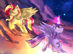 Size: 1452x1074 | Tagged: safe, artist:not-ordinary-pony, sunset shimmer, twilight sparkle, alicorn, pony, g4, alicornified, cloud, duo, duo female, eyes closed, female, flying, glowing horn, horn, magic, night, race swap, shimmercorn, smiling, stars, twilight sparkle (alicorn)