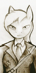 Size: 400x800 | Tagged: safe, artist:darkdoomer, oc, oc only, oc:aryanne, anthro, /pone/, 8chan, bust, clothes, female, looking at you, medal, monochrome, necktie, solo, suit, traditional art