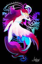 Size: 800x1233 | Tagged: safe, artist:ii-art, queen novo, pony, seapony (g4), g4, my little pony: the movie, black background, collar, coral, cute, digital art, dorsal fin, eyelashes, eyeshadow, female, fin, fin wings, fins, fish tail, floppy ears, flowing mane, flowing tail, makeup, ocean, purple eyes, purple mane, purple tail, seaweed, shirt design, signature, simple background, smiling, solo, swimming, tail, underwater, water, watermark, wings