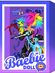 Size: 768x1024 | Tagged: safe, rainbow dash, human, g4, bag, barbie doll box, box, dagger, doll box, eyeshadow, humanized, lidded eyes, looking at you, makeup, ninja, purse, sword, weapon