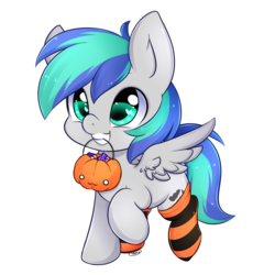 Size: 1000x1000 | Tagged: safe, artist:mrsremi, oc, oc only, oc:storm feather, pegasus, pony, clothes, cute, halloween, heart eyes, mouth hold, pumpkin bucket, simple background, smiling, socks, solo, striped socks, transparent background, wingding eyes