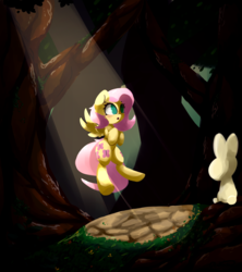 Size: 5000x5625 | Tagged: safe, artist:luxaestas, angel bunny, fluttershy, pony, g4, absurd resolution, crepuscular rays, open mouth, tree