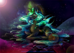 Size: 4092x2893 | Tagged: safe, artist:minamikoboyasy, queen chrysalis, changeling, changeling queen, g4, female, glowing horn, high res, horn, lidded eyes, long mane, long tail, looking at you, prone, solo, stars, sun