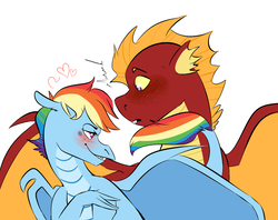 Size: 1024x812 | Tagged: safe, artist:soft-arthropod, garble, rainbow dash, dragon, g4, blushing, crack shipping, dragonified, female, garbledash, male, rainbow dragon, seduction, shipping, simple background, species swap, straight, surprised, tail seduce, white background