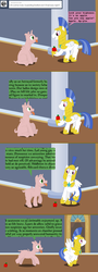 Size: 1000x2784 | Tagged: safe, artist:hakar-kerarmor, oc, oc only, oc:butters, oc:nors, oc:sir reginald butterscop pendragon iv jr., alicorn, pony, ask four inept guardponies, alicorn oc, apple, food, inbred, royal guard, running, scared