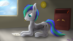 Size: 3840x2160 | Tagged: safe, artist:imshysoihide, oc, oc only, oc:storm feather, pony, drawing, high res, indoors, solo