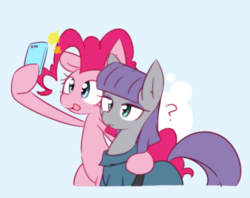 Size: 1615x1281 | Tagged: safe, artist:akainu_pony, maud pie, pinkie pie, earth pony, pony, g4, bipedal, bipedal leaning, duo, female, hoof hold, leaning, mare, open mouth, phone, question mark, selfie, thought bubble