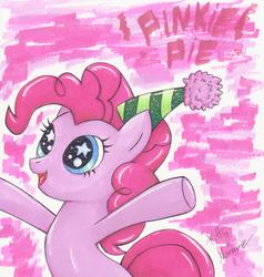 Size: 2309x2425 | Tagged: safe, artist:0kittynoname0, pinkie pie, earth pony, pony, g4, female, happy, hat, high res, party hat, solo, starry eyes, traditional art, wingding eyes