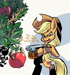 Size: 1024x1088 | Tagged: safe, artist:lytlethelemur, applejack, pony, worm, g4, apple, bug spray, food, pesticide