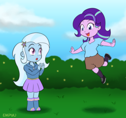 Size: 1071x1000 | Tagged: safe, artist:empyu, starlight glimmer, trixie, equestria girls, g4, chibi, clapping, clothes, duo, duo female, female, floating, grass, levitation, magic, open mouth, smiling, telekinesis