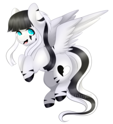 Size: 1024x1127 | Tagged: safe, artist:itsizzybel, oc, oc only, oc:laura the zony, hybrid, pegasus, pony, zony, cute, female, flying, gift art, looking at you, mare, ocbetes, open mouth, simple background, smiling, solo, transparent background