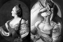 Size: 1500x1000 | Tagged: safe, artist:thelunarmoon, princess celestia, human, anthro, g4, breasts, bust, catherine the great, cleavage, female, fine art parody, monochrome