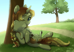 Size: 3231x2304 | Tagged: safe, artist:aphphphphp, oc, oc only, dog, pony, unicorn, g4, braid, cottagecore, cute, duo, female, high res, hug, mare, ocbetes, one eye closed, path, paw pads, resting, shade, tree