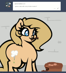 Size: 1280x1420 | Tagged: safe, artist:slavedemorto, oc, oc only, oc:backy, earth pony, pony, animated, cake, chewing, cute, eating, female, food, gif, key, mare, ocbetes, solo, tumblr
