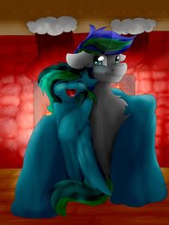 Size: 774x1032 | Tagged: safe, artist:lionbun, oc, oc only, oc:liyana, oc:storm feather, pony, blanket, christmas, cuddling, fireplace, happy, indoors, smiling, snuggling