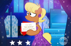 Size: 1000x652 | Tagged: safe, artist:pixelkitties, ms. harshwhinny, earth pony, pony, g4, abc, bee movie, bipedal, clothes, dress, ear piercing, earring, female, jewelry, oscars, piercing, solo