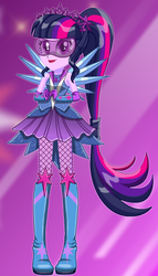Size: 306x536 | Tagged: safe, artist:glittertiara, sci-twi, twilight sparkle, equestria girls, g4, my little pony equestria girls: legend of everfree, boots, crystal guardian, crystal wings, female, fishnet stockings, glasses, high heel boots, open mouth, ponied up, ponytail, solo, starsue, visor, wings