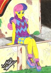 Size: 4888x6992 | Tagged: safe, artist:metaldudepl666, bon bon, sweetie drops, equestria girls, g4, my little pony equestria girls: legend of everfree, absurd resolution, camp fashion show outfit, clothes, crayon drawing, female, grass, looking at you, shoes, sitting, smiling, sneakers, solo, teenager, traditional art