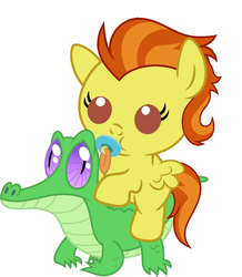 Size: 886x1017 | Tagged: safe, artist:red4567, gummy, stormy flare, pony, g4, baby, baby pony, cute, pacifier, ponies riding gators, riding, stormy flare riding gummy