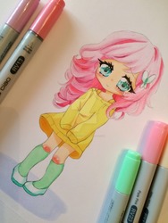 Size: 1024x1365 | Tagged: safe, artist:pinkiepastelcat, fluttershy, butterfly, human, g4, chibi, clothes, cute, drawing, female, high heels, humanized, looking at you, marker, marker drawing, paper, photo, shoes, shyabetes, smiling, socks, solo, traditional art, watermark