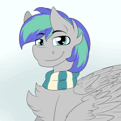 Size: 1024x1024 | Tagged: safe, artist:lionbun, oc, oc only, oc:storm feather, pegasus, pony, animated, chest fluff, clothes, eyebrow wiggle, gif, scarf, solo
