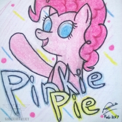 Size: 600x599 | Tagged: safe, artist:shockwavejet, pinkie pie, earth pony, pony, g4, female, looking at you, open mouth, simple background, smiling, solo, traditional art, waving