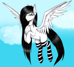 Size: 3992x3608 | Tagged: safe, artist:cannoncar, oc, oc only, oc:oreo, pegasus, pony, art trade, chest fluff, clothes, cloud, ear piercing, female, heterochromia, high res, jewelry, looking at you, mare, pendant, piercing, sky, smiling, socks, solo, spread wings, striped socks