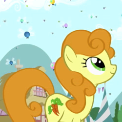 Size: 250x250 | Tagged: safe, screencap, carrot top, golden harvest, earth pony, parasprite, pony, g4, swarm of the century, cropped, female, mare, smiling, solo