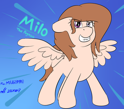 Size: 1024x900 | Tagged: safe, artist:xwoofyhoundx, oc, oc only, oc:milo, pegasus, pony, art trade, derpibooru community art trade, female, floppy ears, gradient background, grin, heterochromia, mare, signature, smiling, solo, spread wings, wings