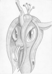 Size: 960x1355 | Tagged: safe, artist:stink111, queen chrysalis, changeling, changeling queen, g4, bust, crown, female, jewelry, monochrome, portrait, regalia, solo, tongue out, traditional art