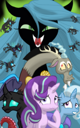 Size: 1200x1920 | Tagged: safe, artist:theroyalprincesses, discord, queen chrysalis, starlight glimmer, thorax, trixie, changeling, pony, unicorn, g4, to where and back again, faic, fangs, floppy ears, looking up, open mouth, raised hoof, reformed four, slit pupils, smiling, wavy mouth