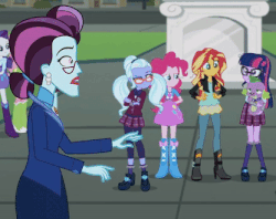 Size: 416x330 | Tagged: safe, edit, edited screencap, screencap, pinkie pie, principal abacus cinch, rarity, sci-twi, spike, spike the regular dog, sugarcoat, sunset shimmer, twilight sparkle, dog, equestria girls, g4, my little pony equestria girls: friendship games, animated, balloon, boots, clothes, crystal prep academy uniform, dancing cinch, ear piercing, earring, gif, glasses, high heel boots, jacket, jewelry, leather jacket, piercing, school uniform, shoes, skirt, socks, statue