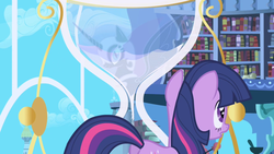 Size: 1280x720 | Tagged: safe, screencap, nightmare moon, twilight sparkle, alicorn, pony, unicorn, friendship is magic, g4, book, bookshelf, butt, female, foreshadowing, helmet, hourglass, library, mare, mare in the moon, moon, old, plot, slowpoke, twilight's canterlot home, when you see it