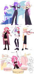 Size: 1280x2811 | Tagged: safe, artist:dusty-munji, applejack, fluttershy, pinkie pie, rainbow dash, rarity, sci-twi, sunset shimmer, twilight sparkle, human, equestria girls, g4, clothes, conductor, dress, drums, flute, long skirt, mane six, musical instrument, orchestra, piano, pony coloring, simple background, skirt, socks, suit, thigh highs, thigh socks, timpani, viola, violin