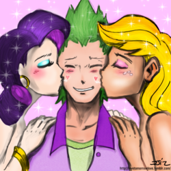 Size: 850x850 | Tagged: safe, artist:cabrony, artist:johnjoseco, color edit, edit, applejack, rarity, spike, human, g4, belly button, belly dancer, cheek kiss, colored, female, happy, heart, humanized, kiss sandwich, kissing, lucky bastard, male, midriff, polyamory, ship:applespike, ship:sparity, shipping, smiling, sparkles, spike gets all the mares, spikelove, straight