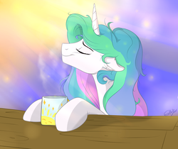 Size: 1280x1073 | Tagged: safe, artist:rutkotka, princess celestia, alicorn, pony, g4, crepuscular rays, cup, eyes closed, female, missing accessory, morning ponies, signature, smiling, solo, tea